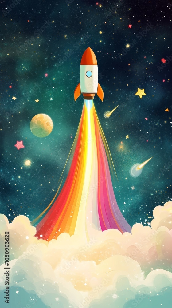 Whimsical spaceship soaring through clouds leaves a rainbow trail, evoking childhood wonder and imagination in a colorful space scene Whimsical spaceship soaring through clouds leaves a rainbow trail, evoking childhood wonder and imagination in a colorful space scene