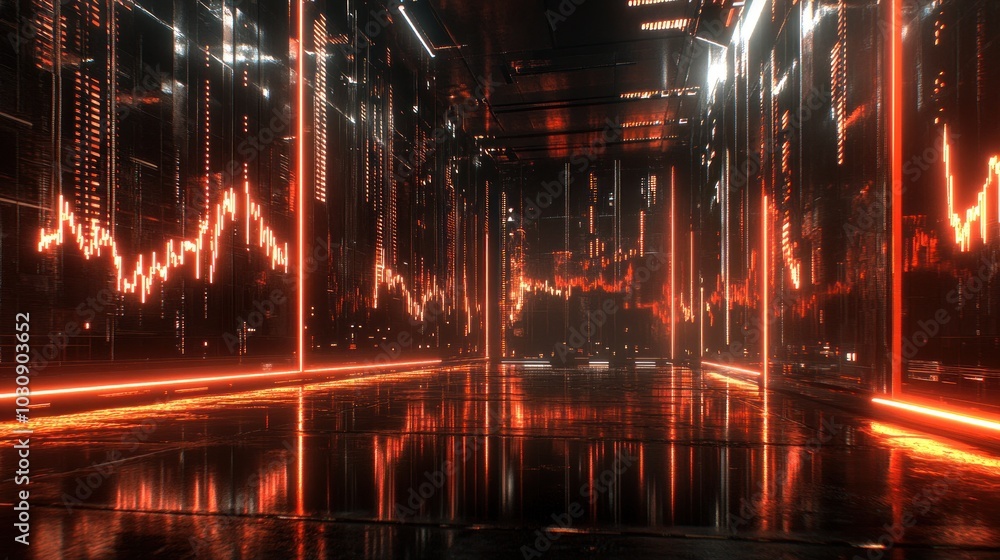 Neon-lit Corridor with Glowing Data Lines Reflecting in Water Neon-lit Corridor with Glowing Data Lines Reflecting in Water