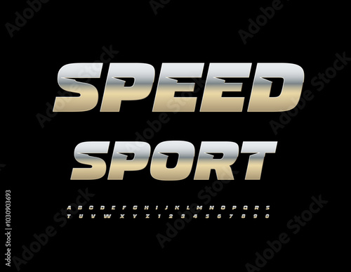 Vector metallic logo Speed Team. Unique Steel Font. Trendy Alphabet Letters and Numbers set.