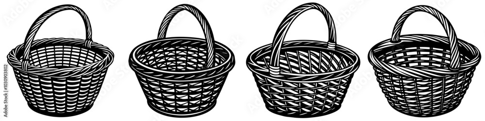 Fototapeta premium line art vector illustration collection of wicker basket with wood cutting style. isolate on a white background. SVG and PNG 