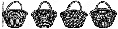 line art vector illustration collection of wicker basket with wood cutting style. isolate on a white background. SVG and PNG
