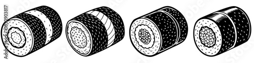 line art vector illustration collection of sushi roll with wood cutting style. isolate on a white background. SVG and PNG
