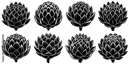 line art vector illustration collection of artichoke with wood cutting style. isolate on a white background. SVG and PNG

