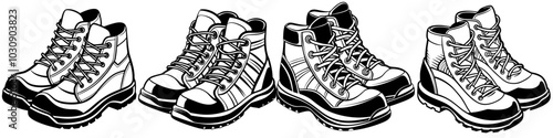 line art vector illustration collection of hiking boots with wood cutting style. isolate on a white background. SVG and PNG
