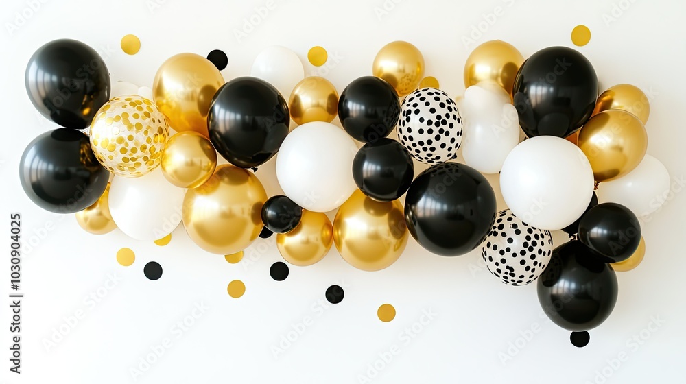 Stylish balloon arrangement with a mix of gold black and white. Premium design for birthday celebration background. Stylish balloon arrangement with a mix of gold black and white. Premium design for birthday celebration background.