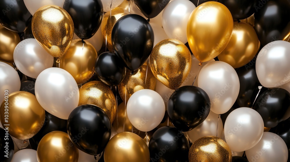 Stylish balloon arrangement with a mix of gold black and white. Premium design for birthday celebration background. Stylish balloon arrangement with a mix of gold black and white. Premium design for birthday celebration background.
