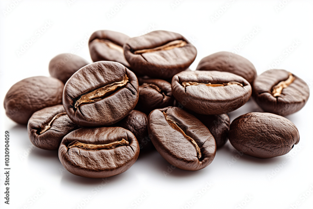 Macro Close-Up of Whole Roasted Coffee Beans Isolated on White Background Macro Close-Up of Whole Roasted Coffee Beans Isolated on White Background