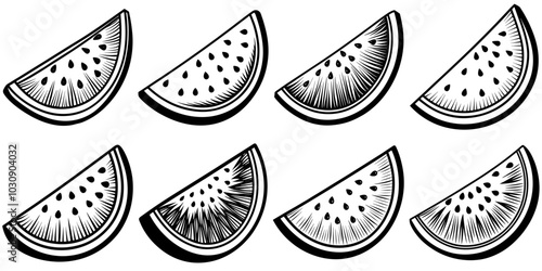 line art vector illustration collection of slice of watermelon with wood cutting style. isolate on a white background. SVG and PNG
