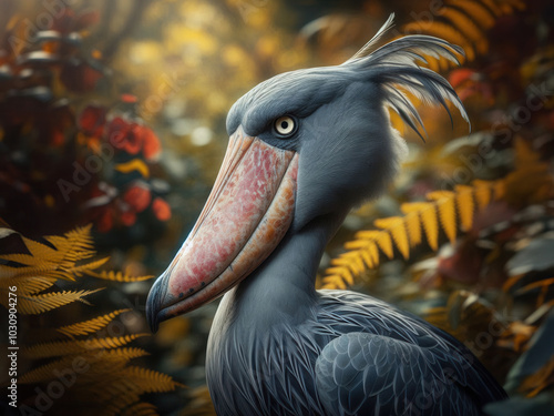 Portrait of the Shoebill, an extraordinary and atypical stork-like bird known for its striking appearance photo