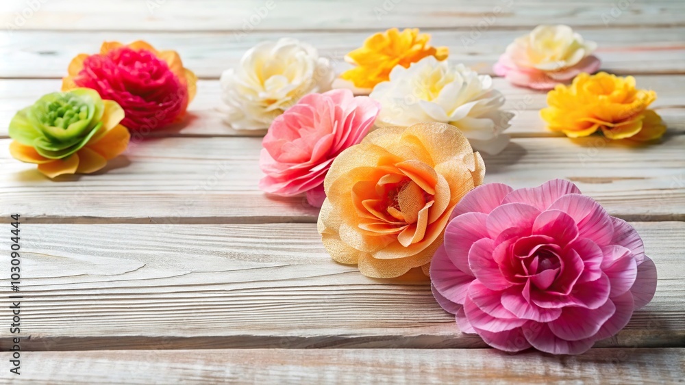 Close-up of colorful crepe paper flowers on white wooden background with shallow depth of field Close-up of colorful crepe paper flowers on white wooden background with shallow depth of field