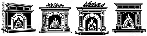 line art vector illustration collection of fireplace with wood cutting style. isolate on a white background. SVG and PNG
