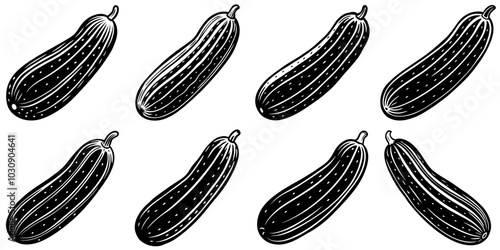 line art vector illustration collection of cucumber with wood cutting style. isolate on a white background. SVG and PNG
