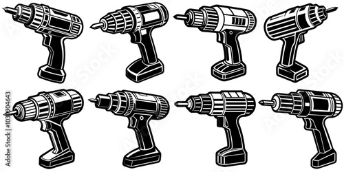 line art vector illustration collection of drill with wood cutting style. isolate on a white background. SVG and PNG
