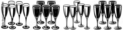 line art vector illustration collection of champagne glasses with wood cutting style. isolate on a white background. SVG and PNG
