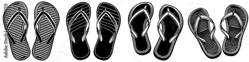 line art vector illustration collection of flip flops with wood cutting style. isolate on a white background. SVG and PNG
