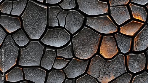 Cracked surface texture with intricate patterns and contrasting colors, showcasing blend of dark and light tones. This abstract design evokes sense of depth and complexity
