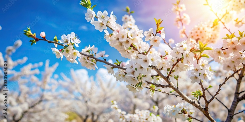 Cherry tree blooms with white flowers in garden under bright blue sky Cherry tree blooms with white flowers in garden under bright blue sky