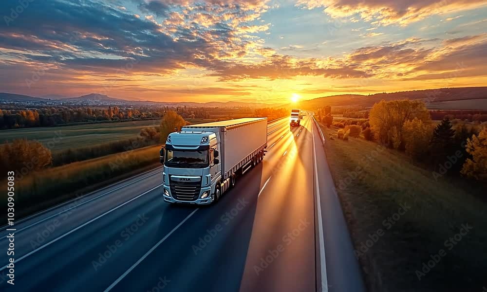 A truck driving on a highway during a vibrant sunset. A truck driving on a highway during a vibrant sunset.