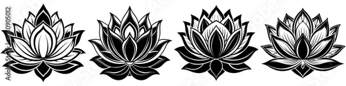 line art vector illustration collection of lotus flower buddhism with wood cutting style. isolate on a white background. SVG and PNG
