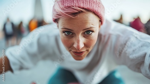 Person with pink hair rides a skateboard amidst an urban crowd, showcasing individuality and dynamic lifestyle in the bustling city with youthful tones. photo