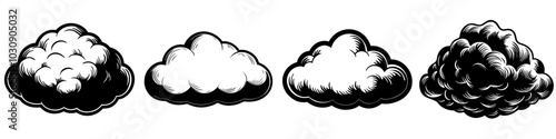 line art vector illustration collection of cloud with wood cutting style. isolate on a white background. SVG and PNG
