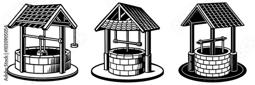 line art vector illustration collection of water well with wood cutting style. isolate on a white background. SVG and PNG
