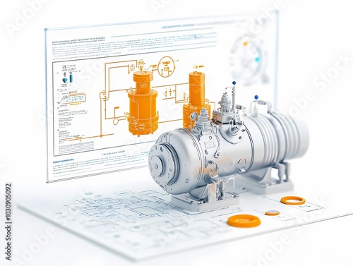 A 3D model of a mechanical system with detailed diagrams, showcasing components and schematics in an engineering context.