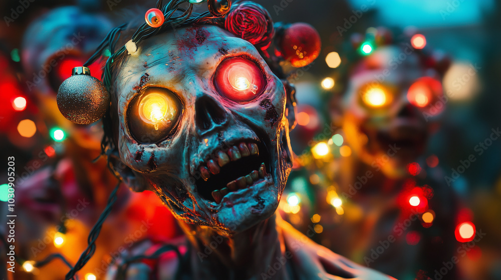 A chilling and surreal depiction of three zombies entangled in glowing Christmas lights, their eyes emitting an eerie red glow. A chilling and surreal depiction of three zombies entangled in glowing Christmas lights, their eyes emitting an eerie red glow.