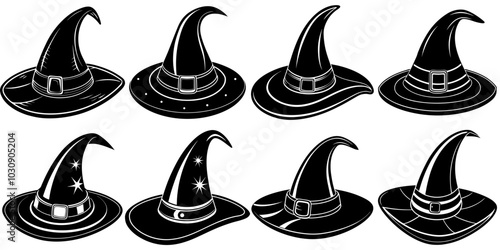 line art vector illustration collection of witch hat with wood cutting style. isolate on a white background. SVG and PNG
