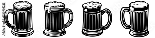 line art vector illustration collection of beer mug with wood cutting style. isolate on a white background. SVG and PNG
