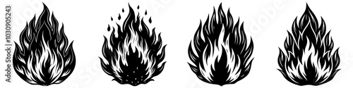 line art vector illustration collection of fire effect with wood cutting style. isolate on a white background. SVG and PNG
