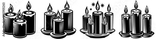 line art vector illustration collection of candles with wood cutting style. isolate on a white background. SVG and PNG
