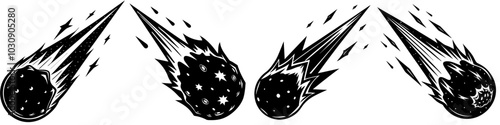 line art vector illustration collection of meteor with wood cutting style. isolate on a white background. SVG and PNG
