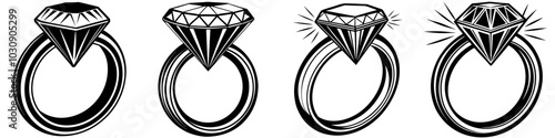 line art vector illustration collection of diamond ring with wood cutting style. isolate on a white background. SVG and PNG
