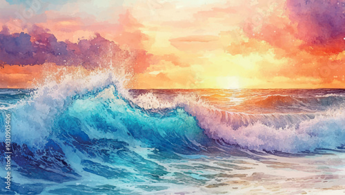 Foaming Waves Ocean Against Colorful Sunset Backdrop in Watercolor Background Illustration Featuring Vibrant Sky Coastal Landscape Seascape Evening Serenity