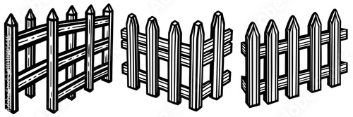line art vector illustration collection of wooden fence with wood cutting style. isolate on a white background. SVG and PNG
