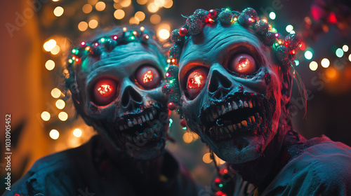 A chilling and surreal depiction of three zombies entangled in glowing Christmas lights, their eyes emitting an eerie red glow.  photo