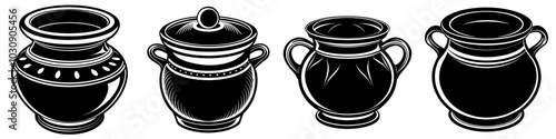 line art vector illustration collection of pot with wood cutting style. isolate on a white background. SVG and PNG
