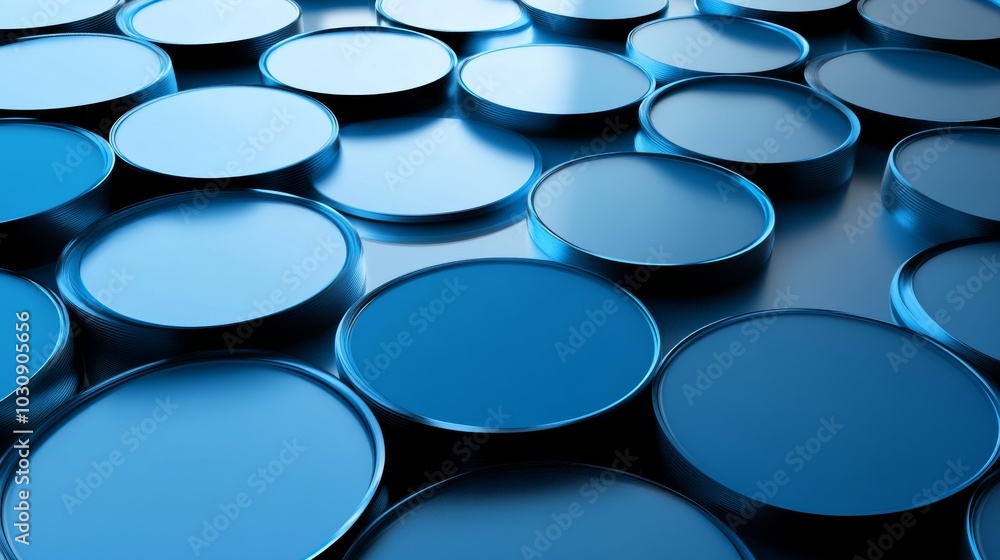 Metallic blue cylinders of different sizes are forming a pattern on a dark blue background. The cylinders are reflecting light and creating a sense of depth Metallic blue cylinders of different sizes are forming a pattern on a dark blue background. The cylinders are reflecting light and creating a sense of depth