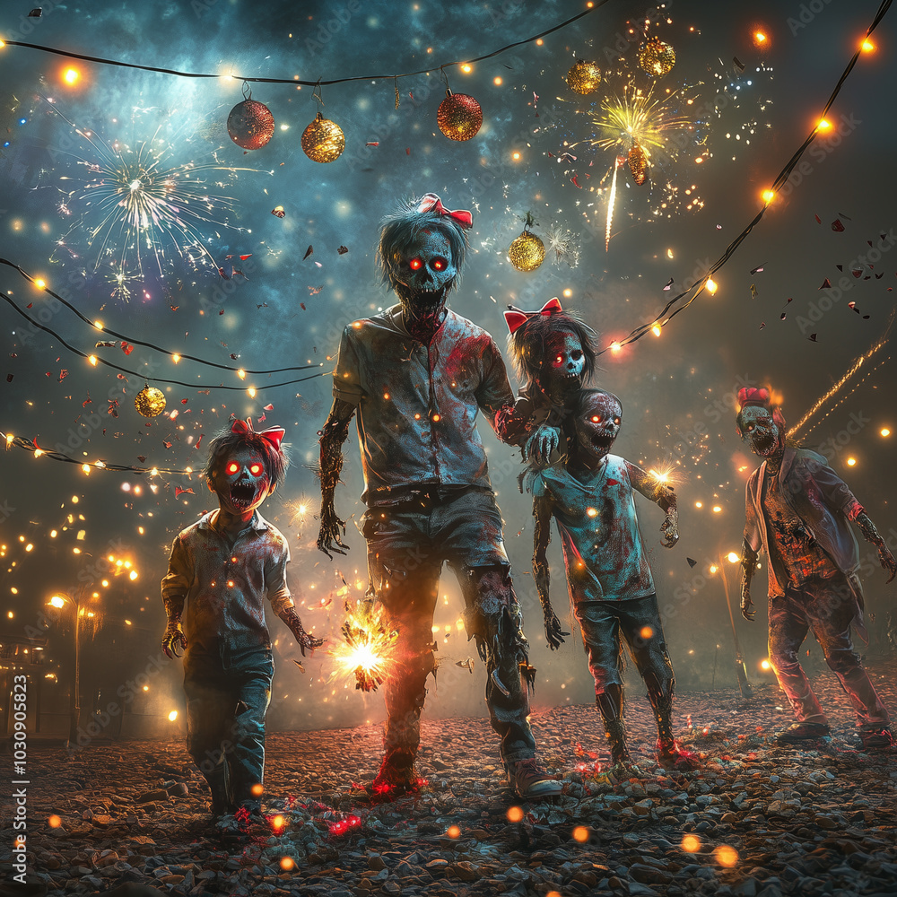 A chilling and surreal depiction of three zombies entangled in glowing Christmas lights, their eyes emitting an eerie red glow. A chilling and surreal depiction of three zombies entangled in glowing Christmas lights, their eyes emitting an eerie red glow.