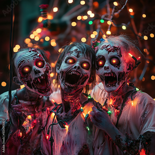 A chilling and surreal depiction of three zombies entangled in glowing Christmas lights, their eyes emitting an eerie red glow.  photo