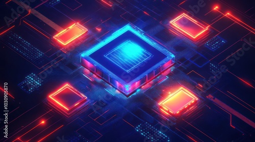 Futuristic Computer Processor with Neon Lights - High-Resolution Tech Concept of Advanced Circuit Board