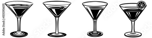 line art vector illustration collection of cocktail glass with wood cutting style. isolate on a white background. SVG and PNG
