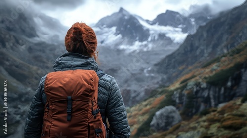 A close-up view from behind, candid photo of a person hiking in the mountains in the vacation trip week