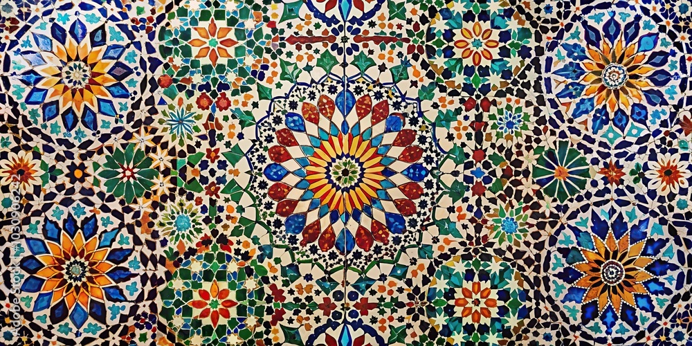 Closeup of vibrant Moroccan tilework floral pattern reflecting in water Closeup of vibrant Moroccan tilework floral pattern reflecting in water