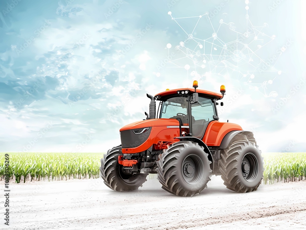 Obraz premium A bright orange tractor navigating through a field, showcasing modern agricultural machinery against a clear, blue sky.