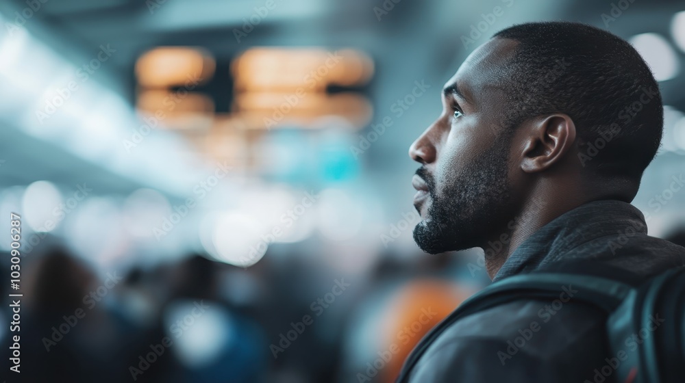 A profile of a man at an airport, gazing upwards in reflection. He represents a moment of pause, introspection, and readiness before pursuing new adventures. A profile of a man at an airport, gazing upwards in reflection. He represents a moment of pause, introspection, and readiness before pursuing new adventures.