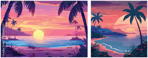 Sunset from a hammock on the beach, Resting silhouette in the palms with a hammock, summer, sun, sea, ocean, Vector illustration