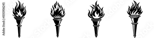 line art vector illustration collection of flaming torch with wood cutting style. isolate on a white background. SVG and PNG
