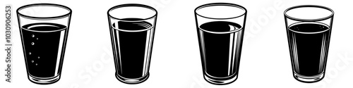 line art vector illustration collection of juice glass with wood cutting style. isolate on a white background. SVG and PNG
